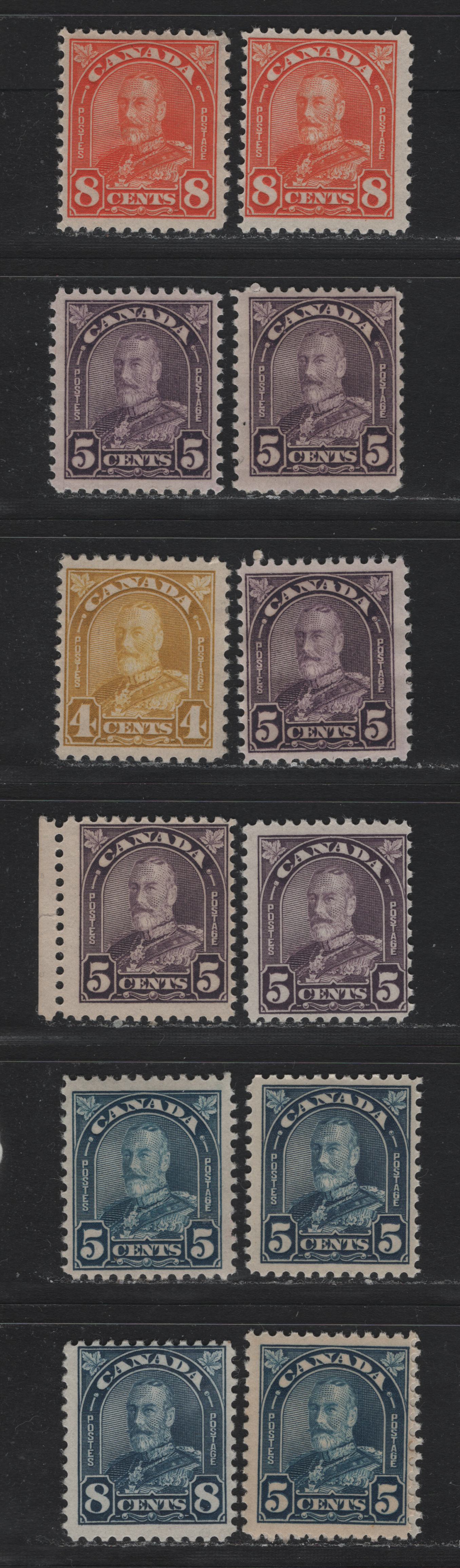 Lot 297 Canada #168-172, 169a 4c - 8c Bistre Yellow - Red Orange , 1930-1931 KGV Arch/Leaf Issue, 12 FOG/NH Singles, All Hinged Except One 5c Blue (NH), Unchecked As To Specific Paper & Perfs, But Checked For Shades.