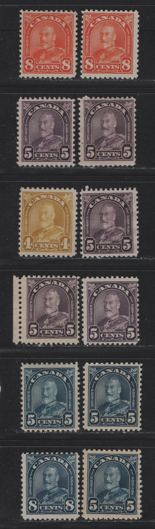 Lot 297 Canada #168-172, 169a 4c - 8c Bistre Yellow - Red Orange , 1930-1931 KGV Arch/Leaf Issue, 12 FOG/NH Singles, All Hinged Except One 5c Blue (NH), Unchecked As To Specific Paper & Perfs, But Checked For Shades.