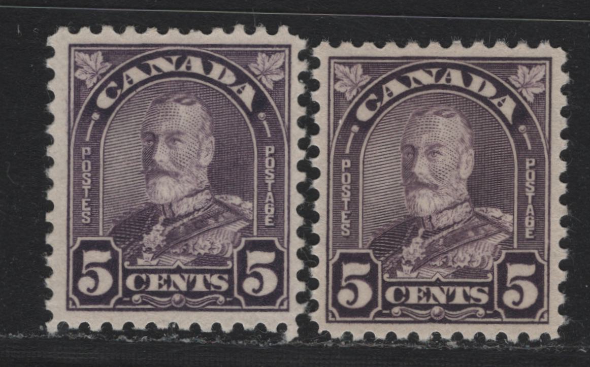 Lot 300 Canada #169a 5c Violet - Dull Violet , 1930-1931 KGV Arch/Leaf Issue, 2 VFNH Singles, BABN-J & BABN-D Papers, Perfs 10.8x10.9 & 10.8