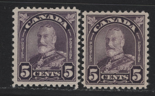 Lot 300 Canada #169a 5c Violet - Dull Violet , 1930-1931 KGV Arch/Leaf Issue, 2 VFNH Singles, BABN-J & BABN-D Papers, Perfs 10.8x10.9 & 10.8