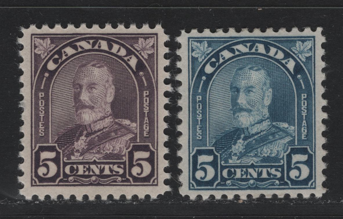 Lot 301 Canada #169a, 170i 5c Milky Violet - Bright Blue , 1930-1931 KGV Arch/Leaf Issue, 2 VFOG LL Singles, BABN-HHH & BABN-J Papers, Perfs 10.8x10.9 & 10.8
