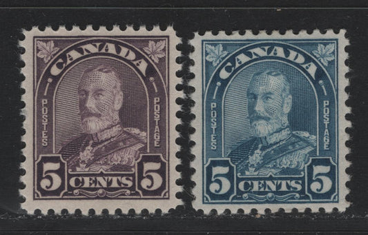 Lot 301 Canada #169a, 170i 5c Milky Violet - Bright Blue , 1930-1931 KGV Arch/Leaf Issue, 2 VFOG LL Singles, BABN-HHH & BABN-J Papers, Perfs 10.8x10.9 & 10.8