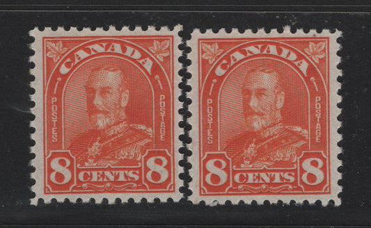 Lot 307 Canada #172 8c Dull Red Orange , 1930-1931 KGV Arch/Leaf Issue, 2 VFOG Singles, BABN-HHH Papers, Perf 10.8x10.9 & 10.7x10.8, The Gum Is Not Hinged But Both Stamps Show Very Tiny Disturbances In The Gum.