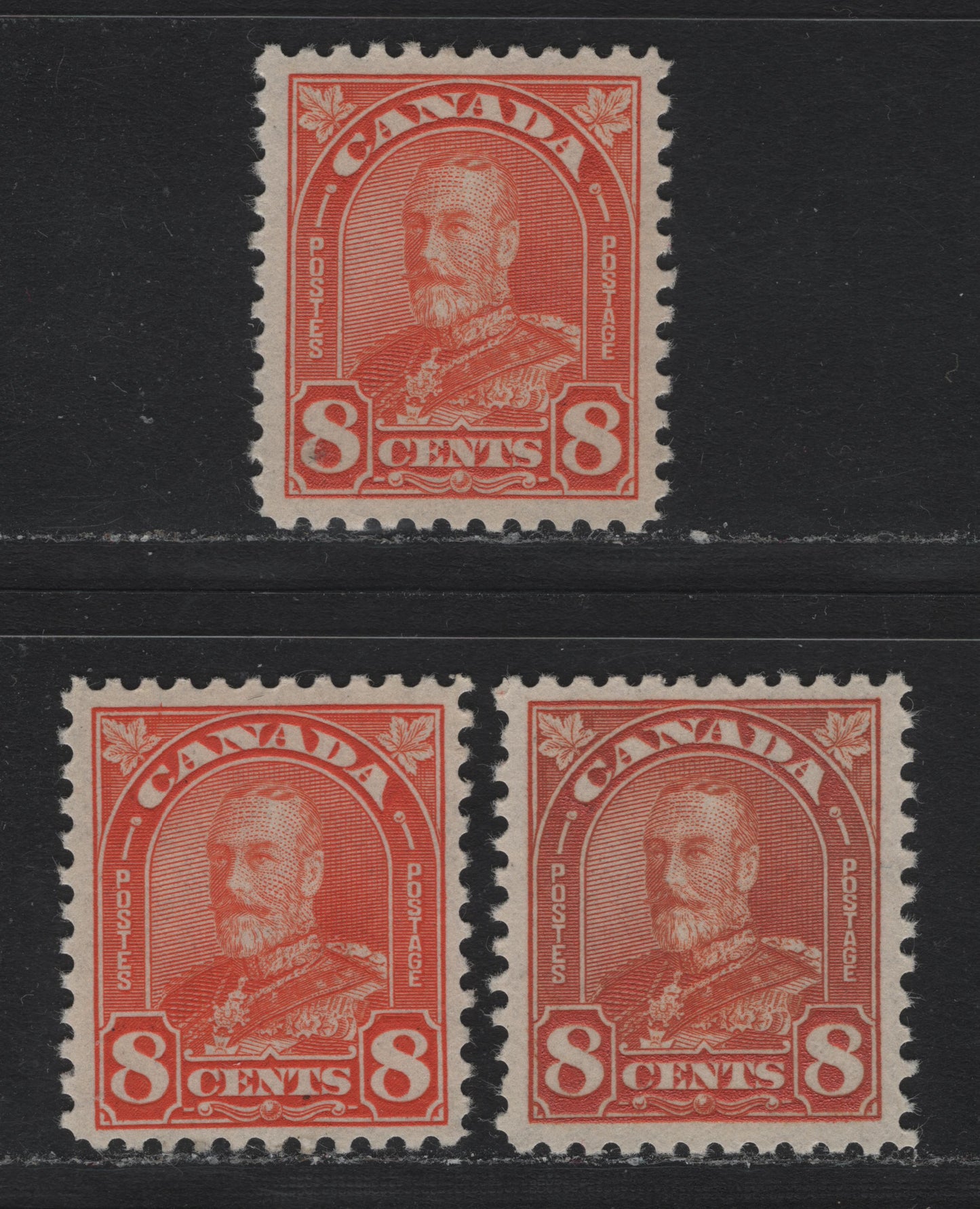 Lot 308 Canada (C) #172 8c Light Red Orange - Red Orange , 1930-1931 KGV Arch/Leaf Issue, 3 VFOG Singles, BABN-HHH Papers, Pers 10.9x10.8, 10.8 & 10.75x10.8