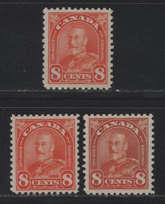 Lot 308 Canada (C) #172 8c Light Red Orange - Red Orange , 1930-1931 KGV Arch/Leaf Issue, 3 VFOG Singles, BABN-HHH Papers, Pers 10.9x10.8, 10.8 & 10.75x10.8