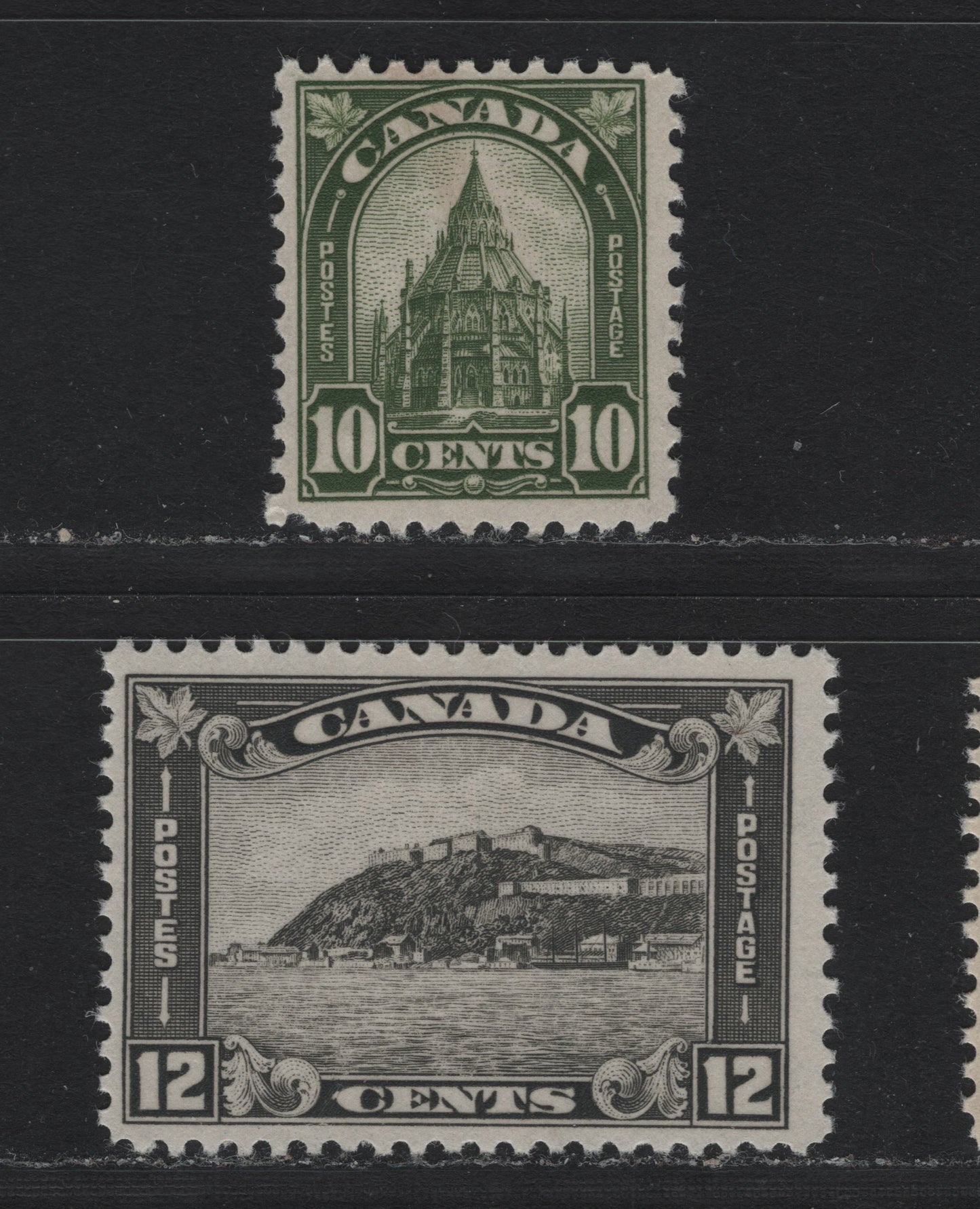 Lot 308A Canada #173-174 10c - 12c Olive Green - Gray Black , 1930-1931 KGV Arch/Leaf Issue, 2 FNH Singles, BABN-D & BABN-V Papers