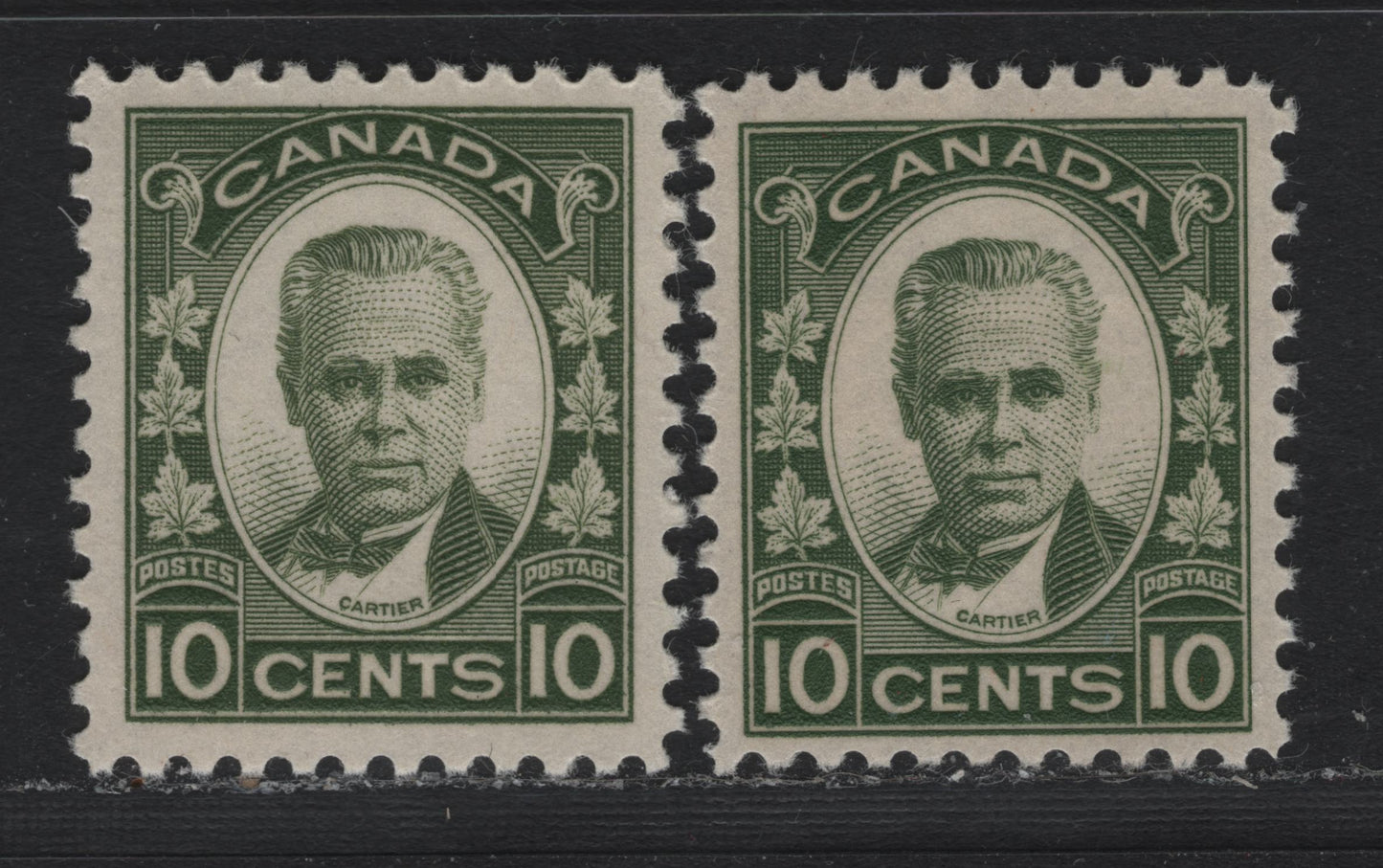 Lot 311 Canada #190 10c Bronze Green , 1931 George-Etienne Cartier Issue, 2 VFOG Singles, BABN-D & BABN-T Papers, Perf 10.8 & 10.9x10.8, Jumbo Margins.
