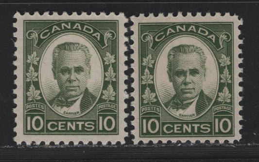 Lot 311 Canada #190 10c Bronze Green , 1931 George-Etienne Cartier Issue, 2 VFOG Singles, BABN-D & BABN-T Papers, Perf 10.8 & 10.9x10.8, Jumbo Margins.