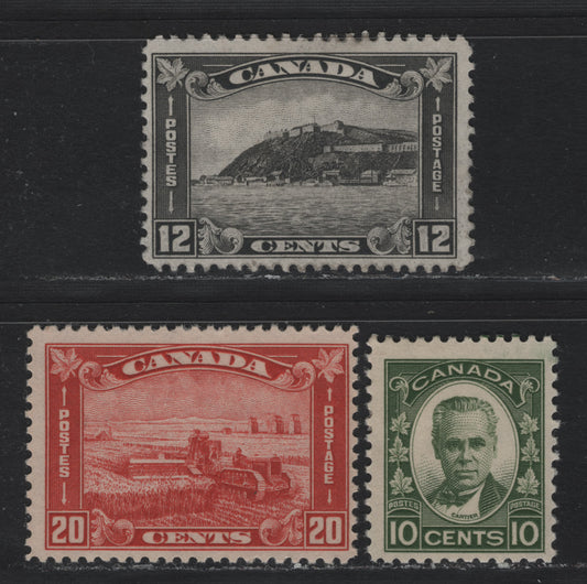Lot 313 Canada (C) #174-175, 190 10c - 20c Bronze Green - Dull Vermillion , 1930-1931 KGV Arch/Leaf - George Etienne Issues, 3 FOG Singles, Unchecked As To Specific Paper & Perfs, the 12c Has Large Part OG That Is Disturbed