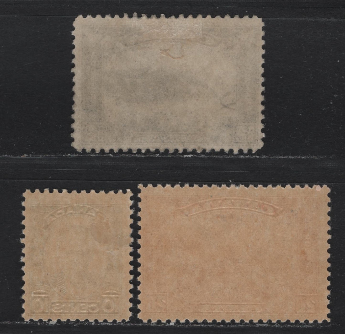Lot 313 Canada (C) #174-175, 190 10c - 20c Bronze Green - Dull Vermillion , 1930-1931 KGV Arch/Leaf - George Etienne Issues, 3 FOG Singles, Unchecked As To Specific Paper & Perfs, the 12c Has Large Part OG That Is Disturbed