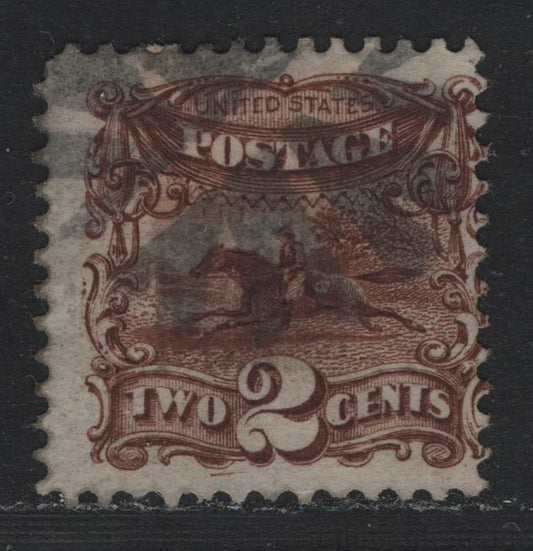 Lot 32 United States SC#113 2c Dark Brown , 1869 Presidents Issue, A Very Good Used Single, Perf 11.9x12.1, Full Grill Impression, Arrowheads Cancel.