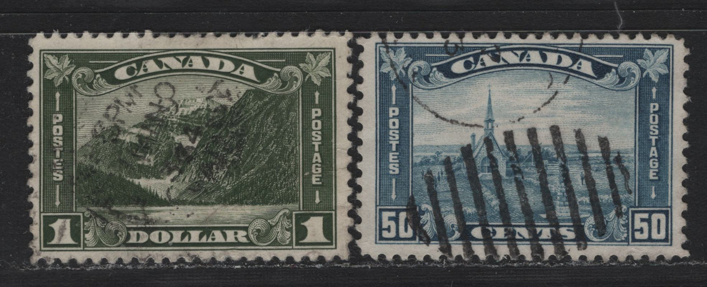 Lot 322 Canada #176-177 50c - $1 Dull Blue - Bronze Green , 1930-1931 KGV Arch/Leaf Issue, 2 Very Good/Fine Used Singles, Unchecked As To Specific Paper Types & Perfs, Some Wrinkles On The $1
