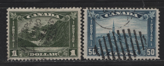 Lot 322 Canada #176-177 50c - $1 Dull Blue - Bronze Green , 1930-1931 KGV Arch/Leaf Issue, 2 Very Good/Fine Used Singles, Unchecked As To Specific Paper Types & Perfs, Some Wrinkles On The $1