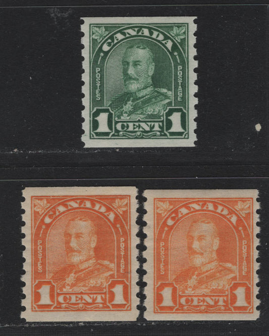 Lot 324 Canada #178-179 1c Orange - Deep Green , 1930-1931 KGV Arch/Leaf Coil Issue, 3 F/VFOG Coil Singles, BABN-AA (1c Orange), BABN-Y (1c Light Orange) & BABN-LLL (1c Deep Green) Papers