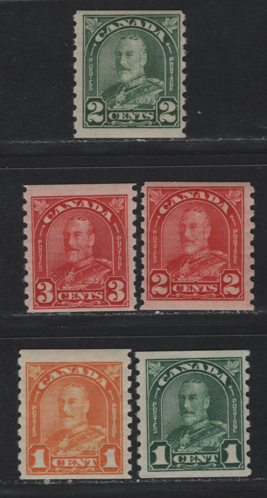 Lot 325 Canada #178-181, 183 1c - 3c on 2c Orange -Deep Red , 1930-1931 KGV Arch/Leaf Coil Issue, 5 FOG/NH Coil Singles, Unchecked As To Specific Types, All NH Except 1c Myrtle Green