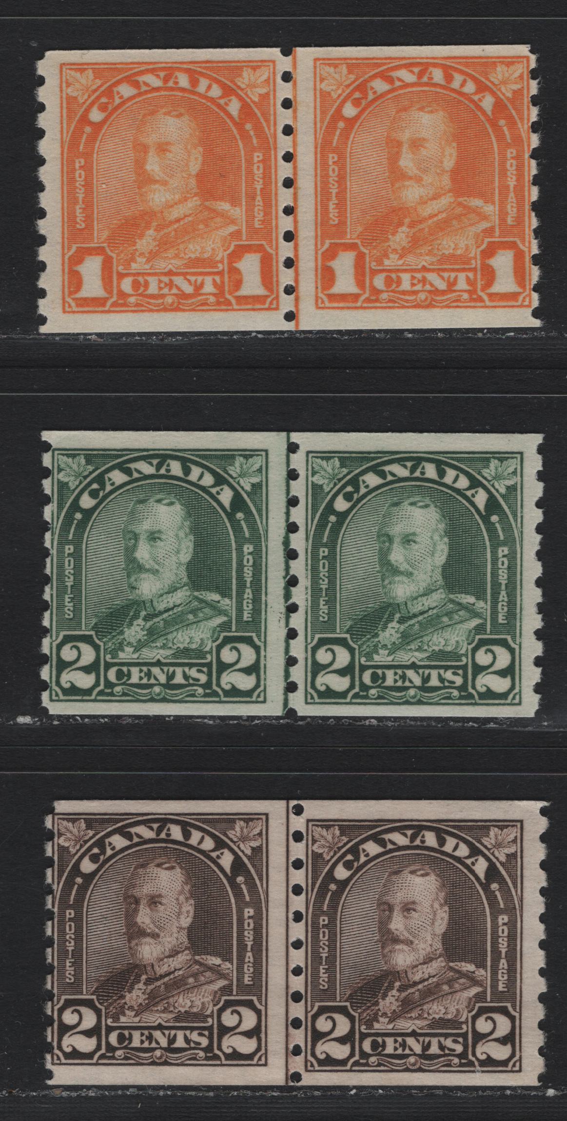 Lot 326 Canada (C) #178i, 180i, 182i 1c -2c Orange - Dark Brown , 1930-1931 KGV Arch/Leaf Coil Issue, 3 FNH Line & Jump Line Pairs, Unchecked As To Specific Paper Type
