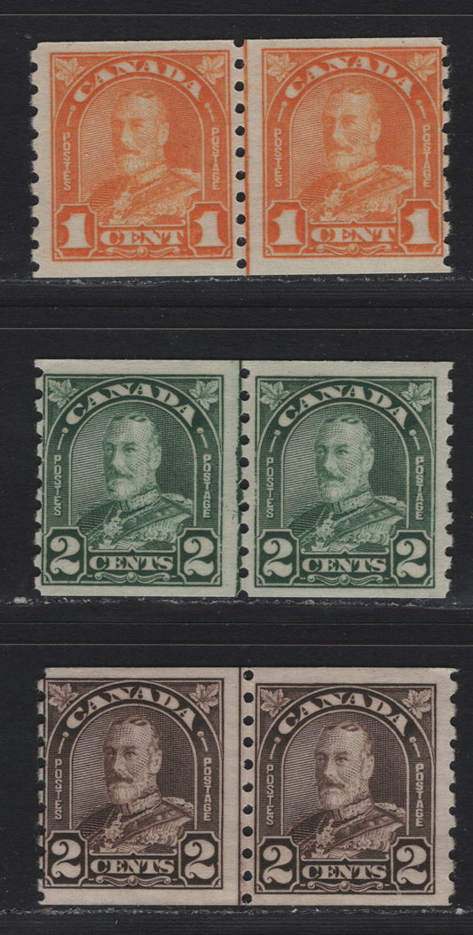 Lot 326 Canada (C) #178i, 180i, 182i 1c -2c Orange - Dark Brown , 1930-1931 KGV Arch/Leaf Coil Issue, 3 FNH Line & Jump Line Pairs, Unchecked As To Specific Paper Type