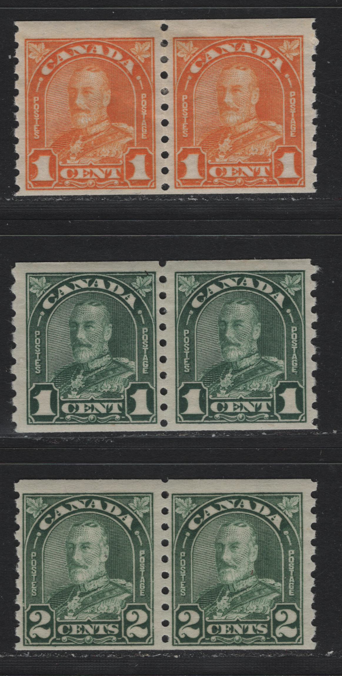 Lot 327 Canada #178-180 1c - 2c Orange - Deep Dull Yellow Green , 1930-1931 KGV Arch/Leaf Coil Issue, 3 FOG Coil Pairs, BABN-LLL Paper