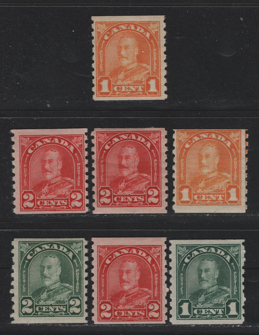 Lot 328 Canada #178-181 1c - 2c Orange - Deep Red , 1930-1931 KGV Arch/Leaf Coil Issue, 4 FOG Coil Singles, Unchecked As to Specific Paper Types, But All Appear Different From One Another