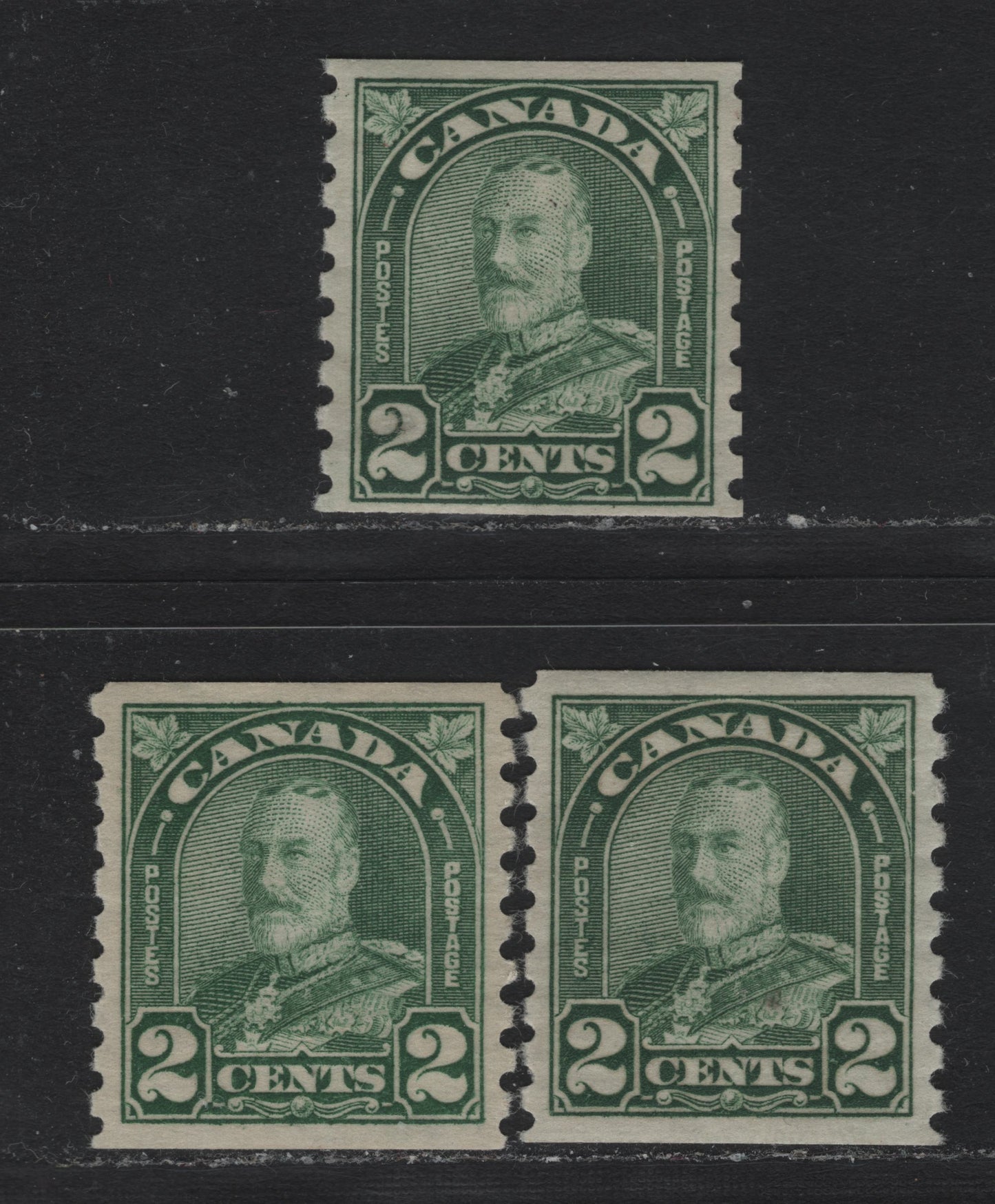 Lot 331 Canada #180 2c Green & Light Green , 1930-1931 KGV Arch/Leaf Coil Issue, 3 VFOG Coil Singles, Unchecked As To Specific Type