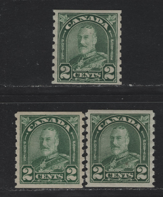 Lot 331 Canada #180 2c Green & Light Green , 1930-1931 KGV Arch/Leaf Coil Issue, 3 VFOG Coil Singles, Unchecked As To Specific Type