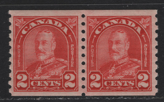Lot 333 Canada #181 2c Deep Red , 1930-1931 KGV Arch/Leaf Coil Issue, A VFOG Coil Pair, BABN-Z Paper