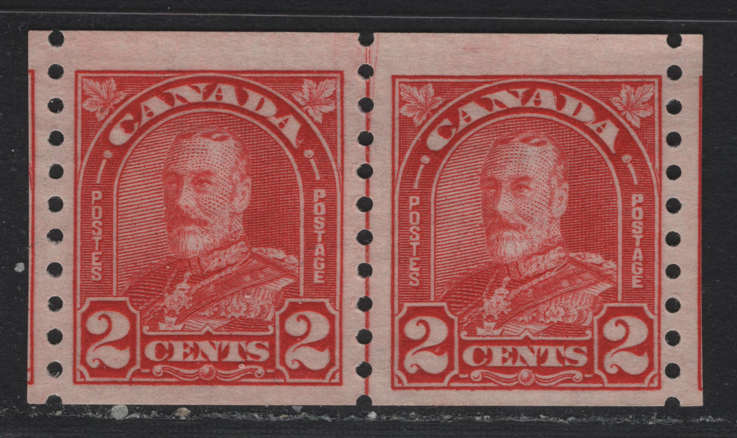 Lot 334 Canada #181i 2c Scarlet Red , 1930-1931 KGV Arch/Leaf Coil Issue, A FNH Coil Pair, BABN-LLL Paper, Showing A Jump Between The Stamps