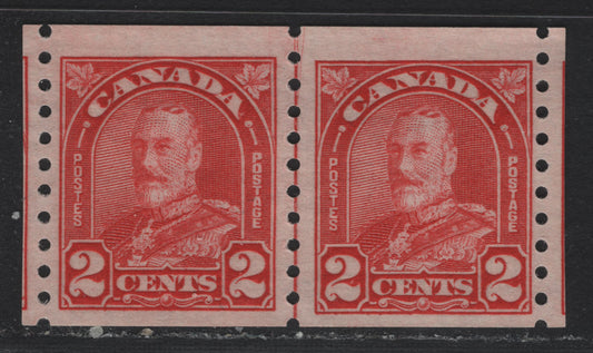 Lot 334 Canada #181i 2c Scarlet Red , 1930-1931 KGV Arch/Leaf Coil Issue, A FNH Coil Pair, BABN-LLL Paper, Showing A Jump Between The Stamps