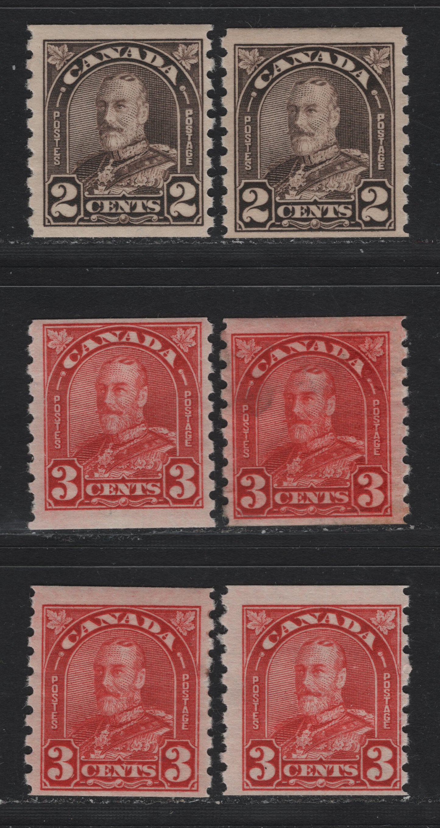 Lot 336 Canada #182-183 2c - 3c Dark Brown - Deep Red , 1930-1931 KGV Arch/Leaf Coil Issue, 6 FOG Coil Singles, Unchecked As To Specific Types