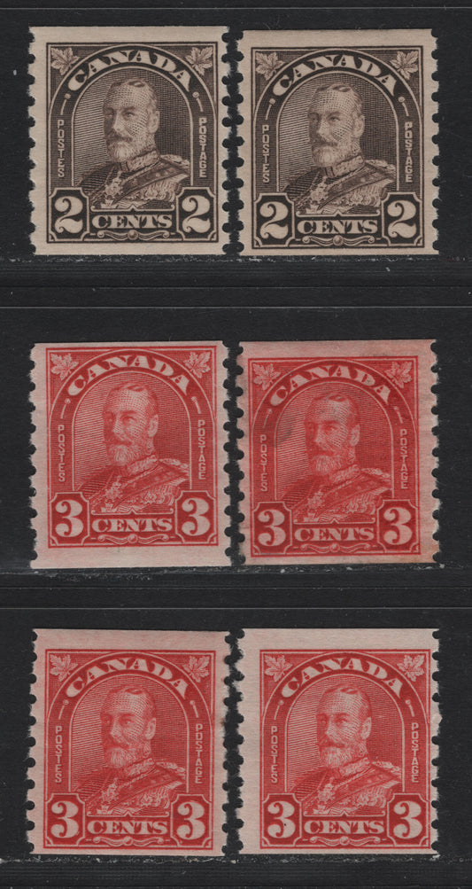 Lot 336 Canada #182-183 2c - 3c Dark Brown - Deep Red , 1930-1931 KGV Arch/Leaf Coil Issue, 6 FOG Coil Singles, Unchecked As To Specific Types