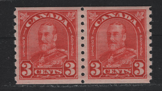 Lot 337 Canada #183 3c Scarlet , 1930-1931 KGV Arch/Leaf Coil Issue, A VFOG Coil Pair, BABN-Z Paper