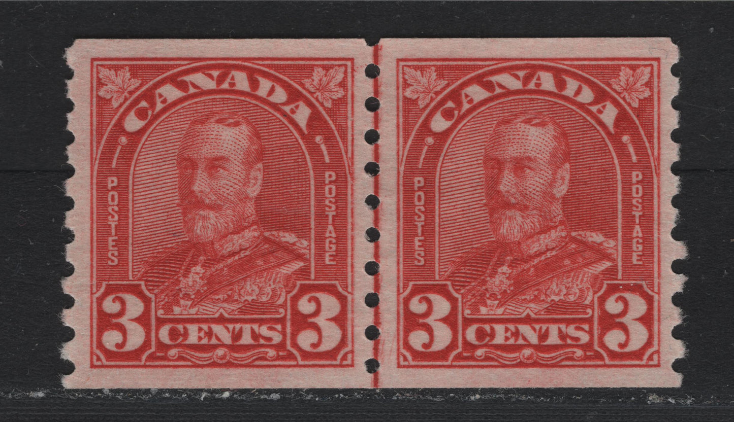 Lot 338 Canada #183i 3c Scarlet , 1930-1931 KGV Arch/Leaf Coil Issue, A VFNH Coil Line Pair, BABN-LLL Paper