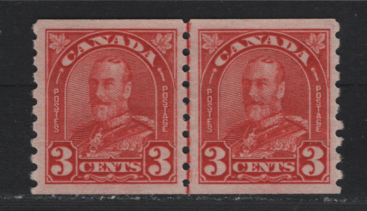 Lot 338 Canada #183i 3c Scarlet , 1930-1931 KGV Arch/Leaf Coil Issue, A VFNH Coil Line Pair, BABN-LLL Paper