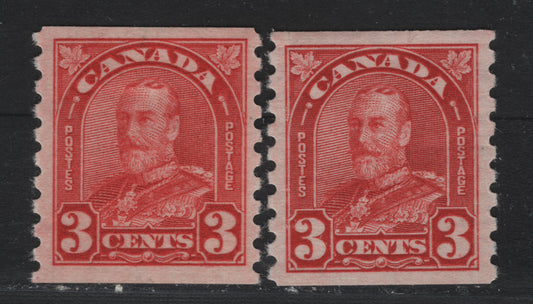 Lot 339 Canada #183 3c Scarlet Red , 1930-1931 KGV Arch/Leaf Coil Issue, 2 VFOG Coil Singles, BABN-Z & BABN-LLL Papers