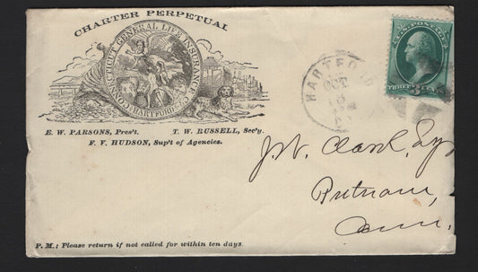 Lot 38 United States SC#147 3c Green , 1870-1871 Large Banknote Issue, A Fine Used Corner Card Cover, Charter Perpehal Insurance CO, Opening At Right Just Clips The Perfs of the Stamp