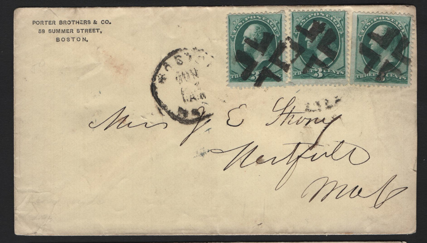 Lot 39 United States SC#158 3c Green , 1870-1871 Large Banknote Issue, A Fine/Very Fine Used Triple Weight Cover, Porter Brothers & Co, Clear Geometric Cancels, Though Boston CDS Is Not Clear