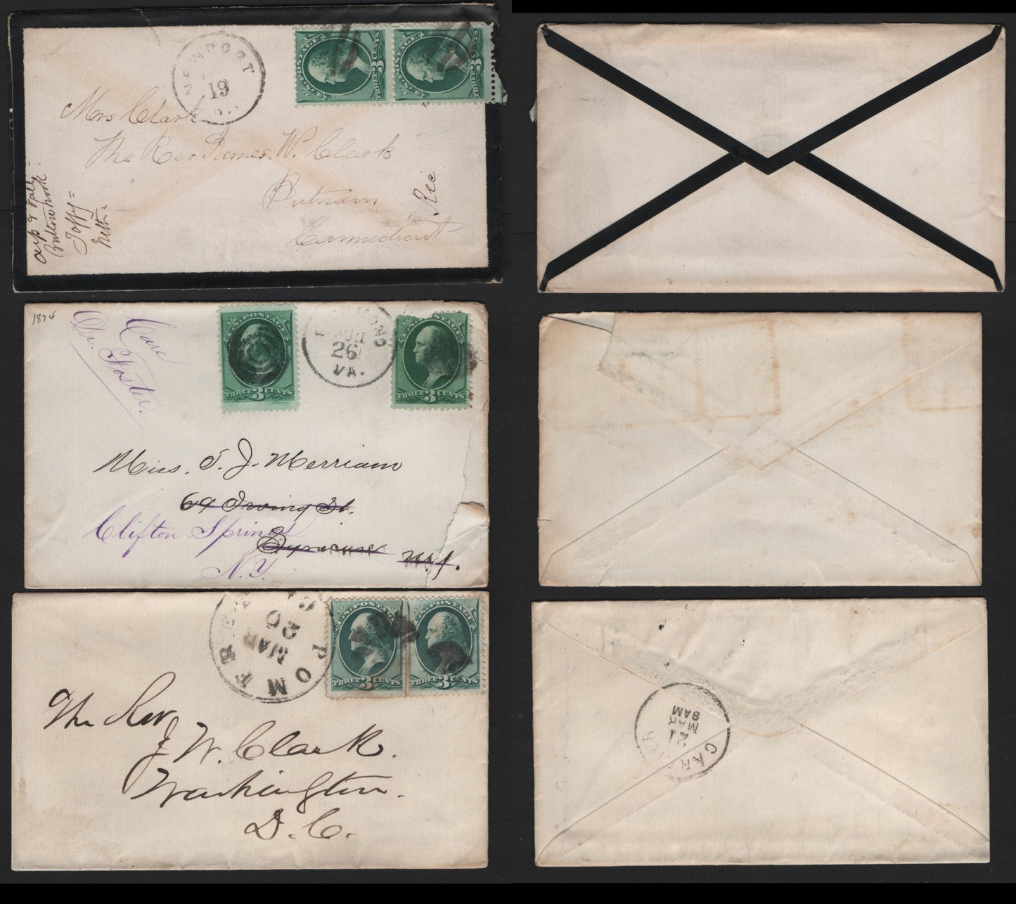 Lot 40 United States SC#158 3c Blue Green - Deep Bright Green , 1870-1871 Large Banknote Issue, 3 Very Good/Very Fine Used Covers, Double Weight 6c Covers, Including A Forwarded Cover (1 Stamp Damaged & Rough Opening) And One Mourning Cover