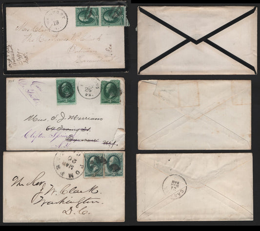 Lot 40 United States SC#158 3c Blue Green - Deep Bright Green , 1870-1871 Large Banknote Issue, 3 Very Good/Very Fine Used Covers, Double Weight 6c Covers, Including A Forwarded Cover (1 Stamp Damaged & Rough Opening) And One Mourning Cover