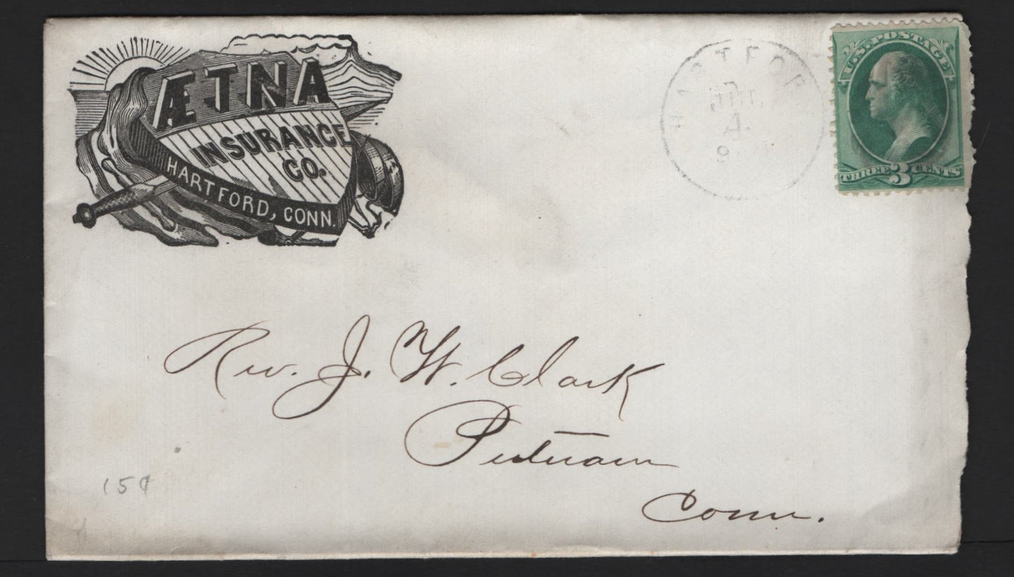 Lot 42 United States SC#158 3c Green , 1870-1871 Large Banknote Issue, A Fine Used Cover, Civil War-Era Shield Design, Roughly Opened Along Right Side Just Affecting The Stamp