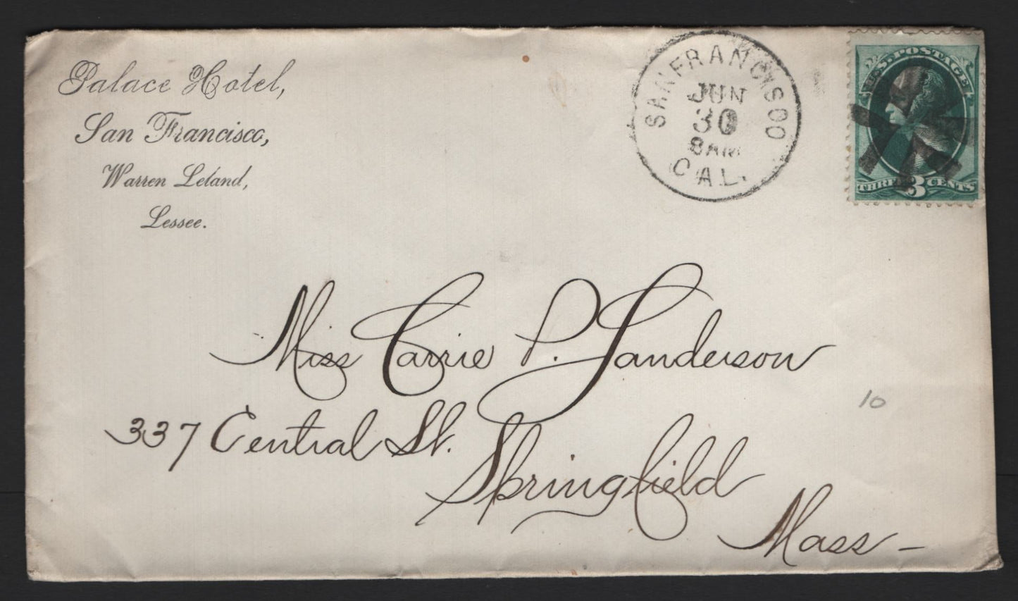 Lot 44 United States SC#158 3c Green , 1870-1871 Large Banknote Issue, A Fine/Very Fine Used Cover, Palace Hotel Corner Card Cover With Fancy Geometric Duplex Cancel, The Family Was Legendary In 19th Century Hospitality