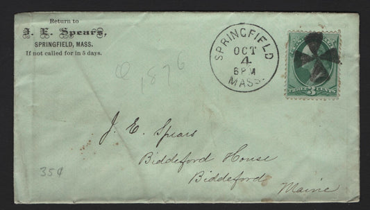 Lot 45 United States SC#158 3c Green , 1870-1871 Large Banknote Issue, A Very Fine Used Cover, J.E Spears Corner Card Cover, Addressed To Owner (Mr Spears) At Biddeford House