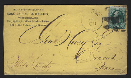Lot 48 United States SC#158 3c Green , 1870-1871 Large Banknote Issue, A Fine Used Cover, 1870's Chicago Advertising Corner From Gage, Carhart & Mallory, Which Were Wholesale Sellers Of Hats, Furs, Cups Etc, Stamp Has Some Creases.