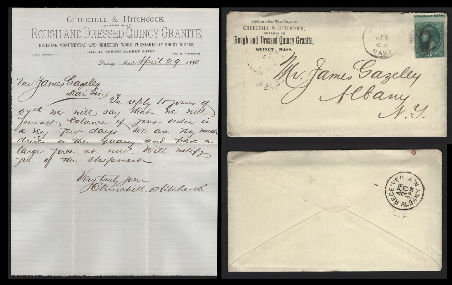 Lot 49 United States SC#158 3c Green , 1870-1871 Large Banknote Issue, A Very Fine Used Cover, Imprint Single On Historic Churchill & Hitchcock Corner Card Cover, To James Gazeley On Famed Marble & Stone Merchant In Albany NY