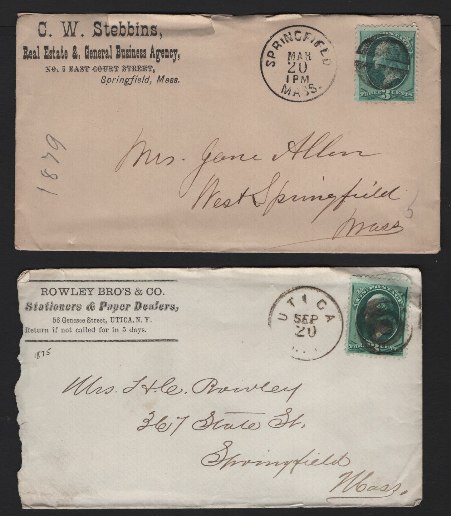 Lot 50 United States SC#158 3c Green , 1870-1871 Large Banknote Issue, 2 Fine Used Covers, Rowley Bros & Co and CW Stebbins Corner Card Covers, Some Rough Opening & Small Edge Tears