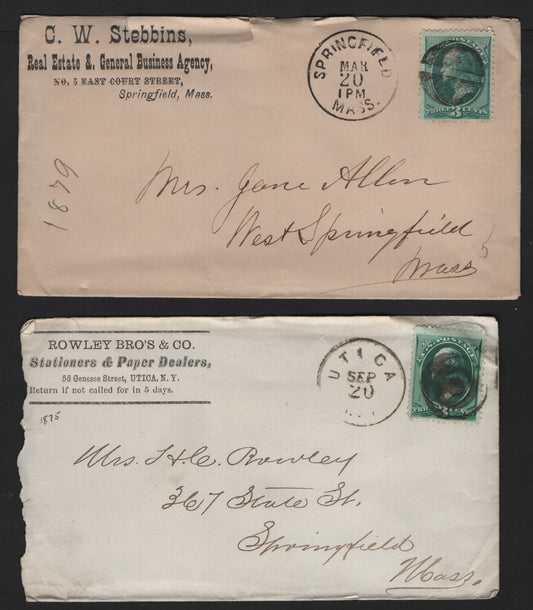 Lot 50 United States SC#158 3c Green , 1870-1871 Large Banknote Issue, 2 Fine Used Covers, Rowley Bros & Co and CW Stebbins Corner Card Covers, Some Rough Opening & Small Edge Tears