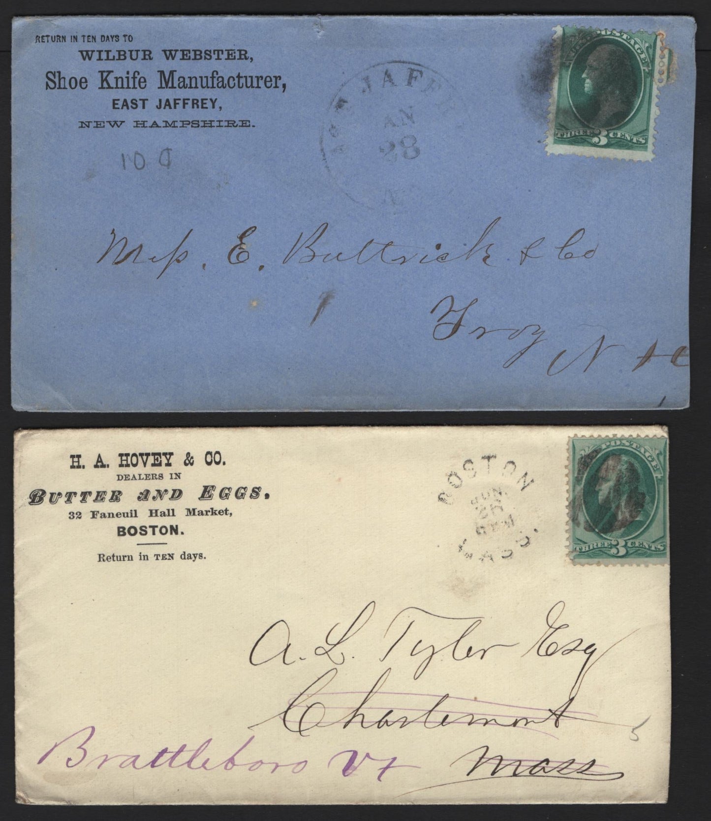 Lot 51 United States SC#158 3c Green , 1870-1871 Large Banknote Issue, 2 Fine Used Covers, Wilber Webster, Shoe Knife Manufactuer & H.A Hovey & Co