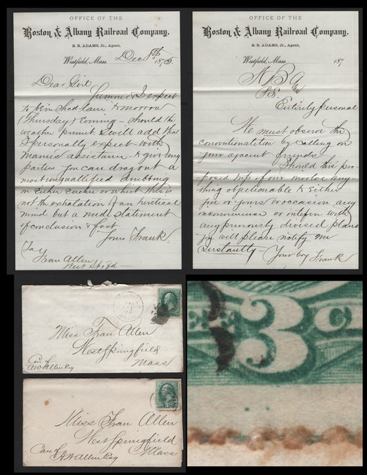 Lot 53 United States SC#158 3c Pale Green , 1870-1871 Large Banknote Issue, 2 Fine Used Covers, Continental Printing, Showing Two Plate Dots Below The 3, Letter From Allen's Cousin Frank Stationary Of The Boston & Albany Railroad Company.
