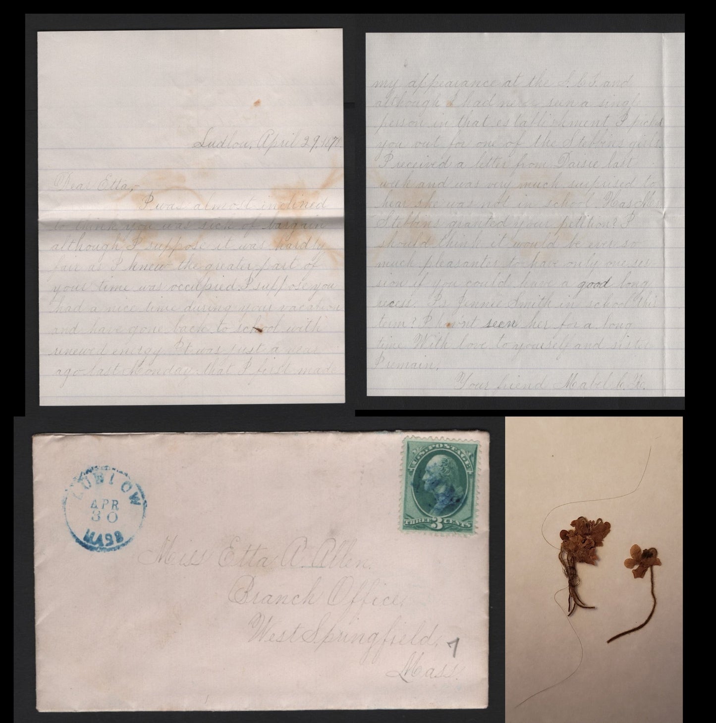 Lot 54 United States SC#158 3c Green , 1870-1871 Large Banknote Issue, A Very Fine Used Cover, Single On Full Letter From The Allen Correspondence, A 1878 Letter To Etta Allen From Her Friend Mabel, Containing Two Dried, Pressed Flowers.