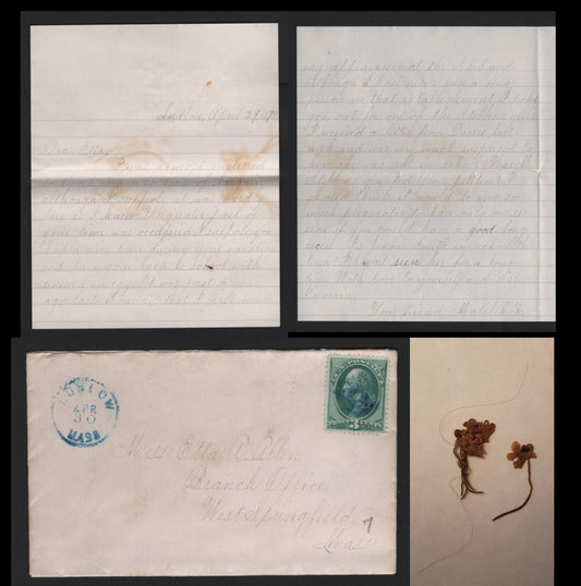 Lot 54 United States SC#158 3c Green , 1870-1871 Large Banknote Issue, A Very Fine Used Cover, Single On Full Letter From The Allen Correspondence, A 1878 Letter To Etta Allen From Her Friend Mabel, Containing Two Dried, Pressed Flowers.