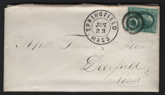 Lot 55 United States SC#158 3c Green , 1870-1871 Large Banknote Issue, A Very Fine Used Cover, Continental Printing On Cover From Springfield, Mass, Cancelled With Wonderfully Clear Strike & Containing A Letter Written IN French